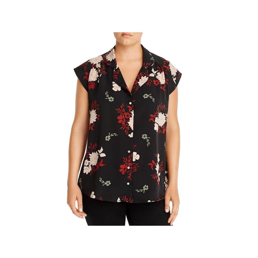 COLLECTION BY BOBEAU Womens Black Curved Hem Cap Sleeve Button Up Top Plus 1X